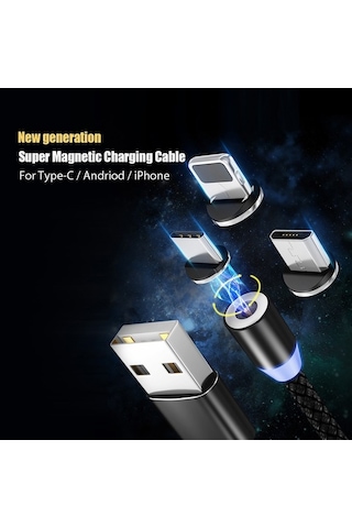 Sandwich 1m Süper Manyetik Şarj Kablosu - 360 Otomatik Adsorpsiyon - Type-c/android/iphone Uyumlu - Sabit Bağlantı