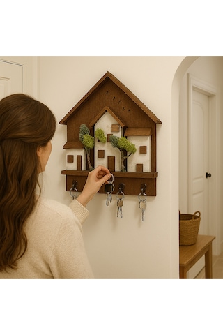 Ahşap Ev Temalı Duvar Askılığı 25x36 Cm 4 Kancalı Anahtarlık , El Yapımı Dekoratif Askı Kahverengi