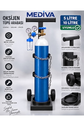 Oksijen Tüpü Taşıma Arabası - Tüp Arabası - 5 Ve 10 Litre Taşıma Kapasitesi Siyah
