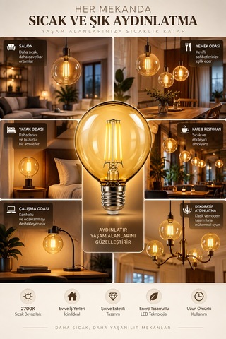 G95 Dimmerli Rustik Gün Işığı 2700k Amber Led Ampul Filament E27 Duylu Filamanlı Edison Ampül