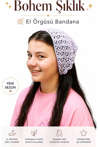 Kadın El Örgüsü Saç Bandanası Bohem Kombin Bone Yazlık Bandana Saç Aksesuarı Lila Renk Beyaz