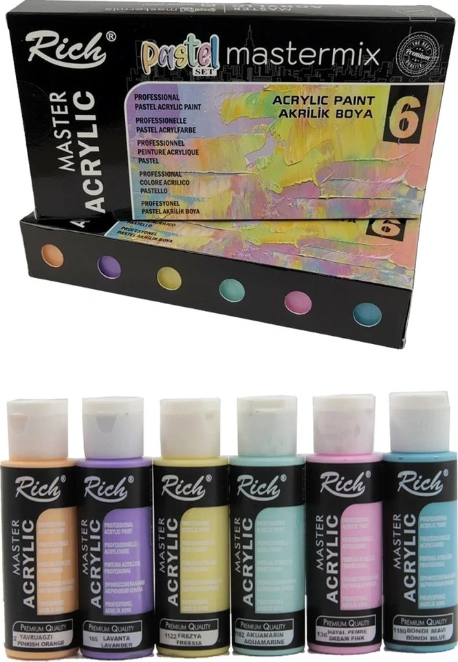 Rich Mastermix Akrilik Boya 6 Renk 60 Ml 1 Paket Pastel Renkler Akrilik Boya 6 Lı Profesyonel Tuval Canvas Çok Renkli