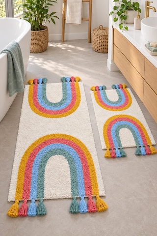 Alanur Bodrum Tufting Gökkuşaği Cotton Pamuklu El Işi Örgülü 2 Li Paspas Set Renkli