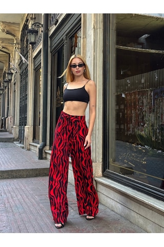 Kadın Yüksek Bel Kuşaklı Desenli %100 Viscose Pamuk Geniş Paça Şık Casual Büyük Beden Curve Pantolon Kırmızı