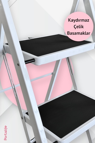 Portalife 3 Basamaklı Beyaz Çelik Şık Merdiven 101-150cm Arası