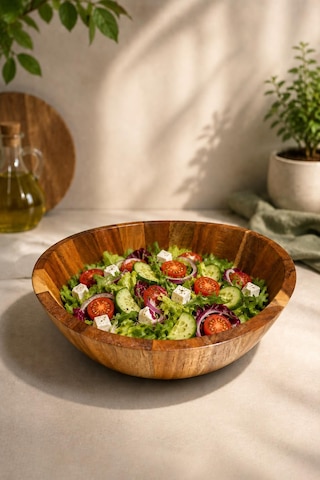 24 Cm Akasya Ahşap Salata Kasesi Modern Ekmeklik , Şık Ve Doğal Sunum Kasesi