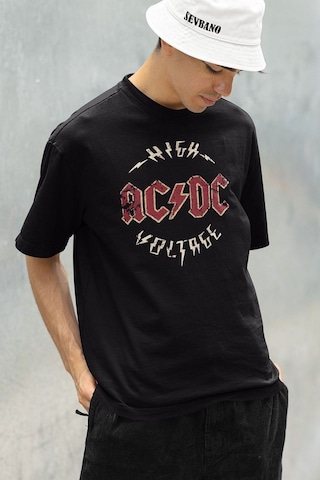 High Ac Dc Voltage Baskılı Unisex Oversize Rock Metal Tişört Siyah