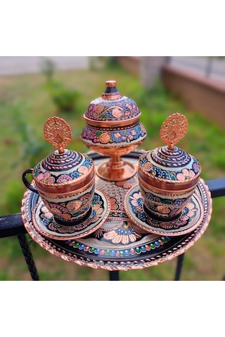 İkili Gül Çiçek Bakır Çay ve Nescafe Takımı