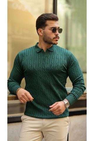 Valensdesign Erkek Saç Örgü Desen Uzun Kollu Triko A. Zümrüt Yeşili