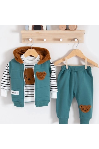 3-18 Ay Erkek Bebek Takımı Peluş Ayıcık Kapişon 3'lü Yeşil