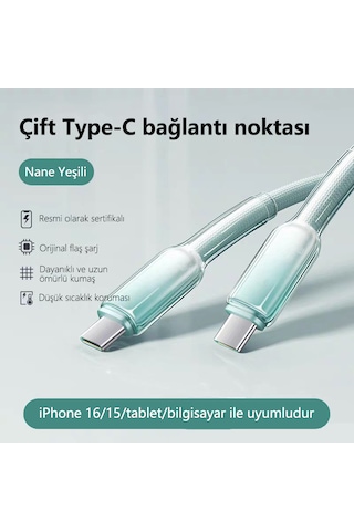 Buz Kristal Dokuma 65w Hızlı Şarj Kablosu 1m Apple İphone 16 & Üstü Type-c To Type-c Pd3.0 Uyumlu Isı Kontrollü 1m Type-c - Type-c For İphone 16
