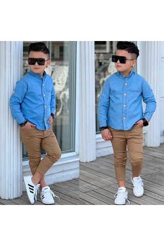 Modavals Hakim Yaka Denım Gömlek & Gabardin Pantolon Erkek Çocuk 2 Li Takım Mavi