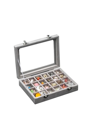 Yystore Takı Saklama Kutusu Kadife Şeffaf Pencere Ücretsiz Kombinasyon Gri