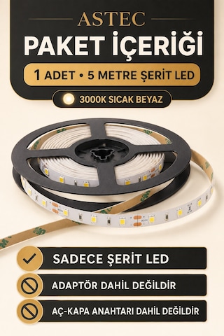 Astec 12v Şerit Led 5 Metre / 10 Metre Yapışkanlı Kesilebilir İç Mekân Aydınlatma Trafo Hariç Bütün Renkler