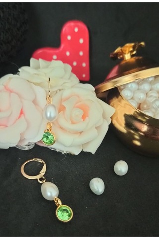 24k Altın Kaplama Gerçek İnci Zirkon Taşlı Yeşil Tasarım Küpe Yeş Gold