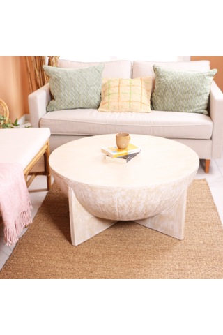 Etsuko El Yapımı Teak Wood Coffee Table Sehpa 90x42 Cm Beyaz