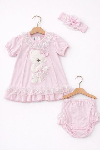 Kardeşler Bebe Dantelli Ayıcıklı Kız Bebek Elbise Takım Saç Bantlı 3 Lü Set Pembe