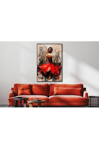 Yağlı Boya Dokulu Tablo Modern Kırmızı Elbiseli Sırtı Dönük Kadın Siyah Çerçeveli U05008-178960