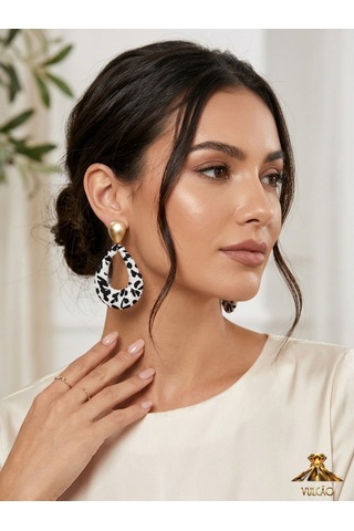 Damla Model Leopar Kumaş Detaylı Gold Küpe Çok Renkli