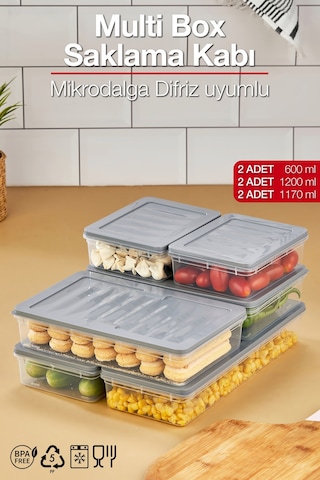 Multi Box 6 Parça 3 Farklı Boy Saklama Kabı Seti - Dondurucu & Mikrodalga Uyumlu Gri