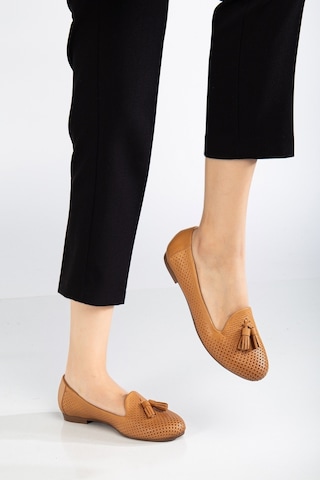 Analin Shoes Kadın Hakiki Deri Baskılı Püsküllü Babet Taba