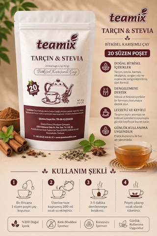 Tarçın Stevia Bitkisel Karışımlı Çay 20 Süzen Doypack Ambalaj