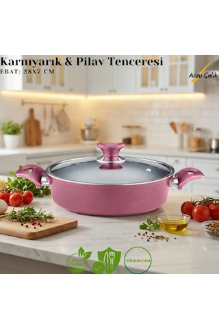 28 Cm Granit Karnıyarık & Pilav Tenceresi Cam Kapak - Mürdüm Mürdüm