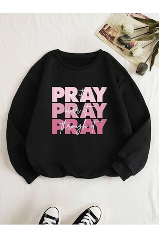 Pray Sweatshirt - Siyah Baskılı Oversize Bisiklet Yaka Siyah