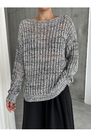 Siyah-ekru Lace Kayık Yaka Pullu Kazak Siyah - Ekru