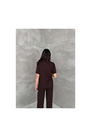 Asur Boutique Asur Butik Kadın Taşlı Bisiklet Yaka Alt Üst Takım Pantolonlu Şık Günlük Kombin Kahverengi