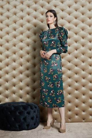 Serpil Exclusive Emprime Desenli Saten Dokulu Midi Elbise Şık Ve Modern Stil Yeşil
