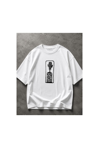 Yolo Street Etnik Arap Yazı Desenli Soyut Yüz Baskılı Oversize %100 Pamuk Unisex Tişört Beyaz