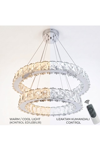 Ala Lighting Plaket Kristal Taş İşlemeli Krom Paslanmaz 2 Halka Led Avize Kumandalı Modern Sarkıt Avize Krom Ayna Ayna Krom