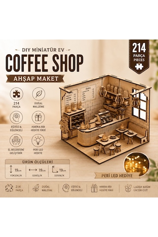 Coffee Shop Ahşap Maket Seti Dıy Miniatür Kafe Peri Led Hediye 214 Parça