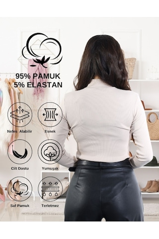 Alya Underwear Kaşkorse Tam Boğazlı Body Sweatshirt, Fitilli Kumaş, Likralı, Gül Kurusu Bej Kemik