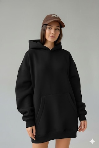 Afri Kadın Oversize Siyah Sweatshirt 3 İplik Şardonlu Kapüşonlu Cepli Rahat Kalıp Siyah