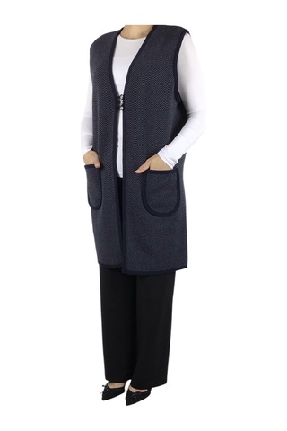 Kadın Desenli Üç Düğmeli Kalın Kışlık Yelek Lacivert