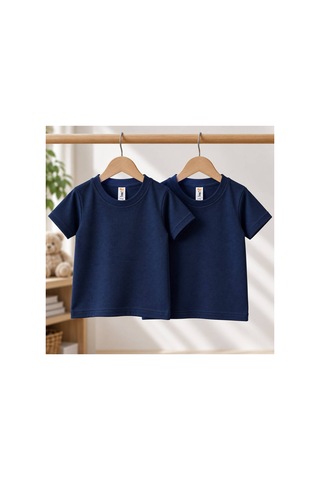 H&c Coolboy H&c Cool Boy 2 Li Çocuk Tişört Unisex Pike Kumaş Kısa Kollu Basic T-shirt Lacivert