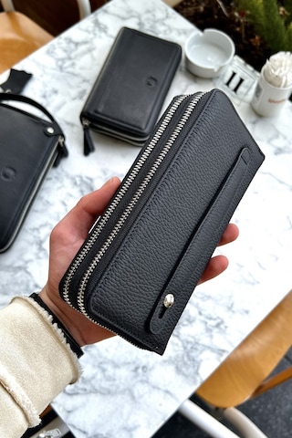 Tigan Unisex Siyah Çift Fermuarlı Hakiki Deri Telefon Cüzdanı El Çantası Siyah