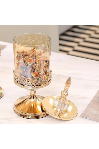 Monyee Modern Basit Stilde Metal Ve Kristal Cam Mumluk, Depolama Kavanozu, Dekorasyon - Fransız Altın, 29cm Büyük Boyut, Pembe Dantel Desenli, 3d Kesikli Kristal