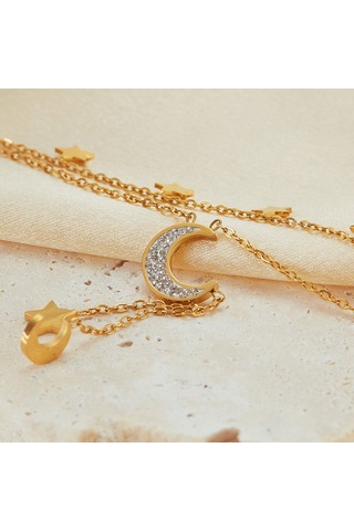 Sones Opk Gx2437 Paslanmaz Çelik Yıldız Ay Püskül Kolye Çift Katmanlı Yığılmış Köprücük Kemiği Zinciri Altın