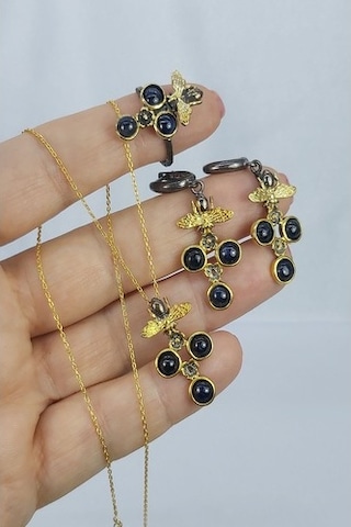 925 Ayar Safir Taşlı 3 Lü Gümüş Set