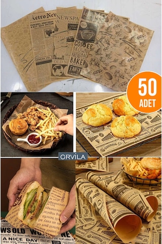 Vintage Desen Sunum Kağıdı 50'li Retro Gazete Görünüm Hamburger Sarma Ve Servis Kağıtları