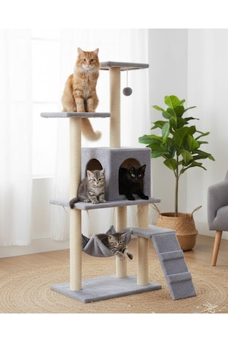 Reyo Pet B-07 Hamaklı Yuvalı Lüx Kedi Tırmalama Oyun Evi Gri