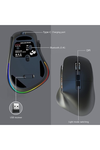 Siyah Kablosuz Ergonomik Zarif Tasarım Rgb Dual Moude 2.4ghz+bt5.0 Ofis Ve Gaming Oyuncu Faresi Diğer