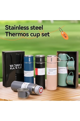 Trendooze Sunshine022 Paslanmaz Çelik 500ml Yeşil Termos Seti Sıcak Soğuk Saklar Kupa Hediye Yeşil Yeşil