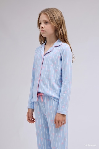 Defacto Dalga Desenli Gömlek Yaka Üst Geniş Paça Alt 2li Pijama Takımı Kız Çocuk I1882a826aube791 Mavi-be791