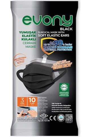 Evony Siyah Yumuşak Elastik Kulaklı Cerrahi Maske 10'Lu