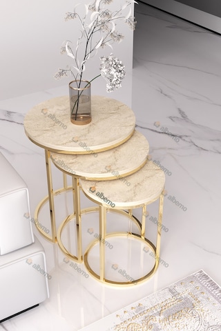 Usta Mekan Gold Metal Traverten Mermer Desen Ahşap Tablalı 3 Lü Zigon Sehpa Altın