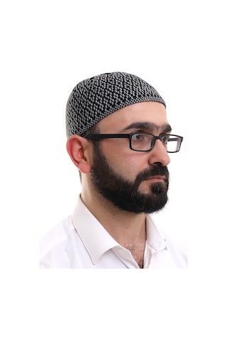 Gri Orlon Kışlık Namaz Takkesi Baklava Desenli Takke